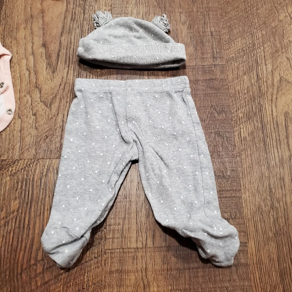 Carters Baby Cotton Matching Set Pink Gray Bear Bodysuit Polka Dot Leggings Hat